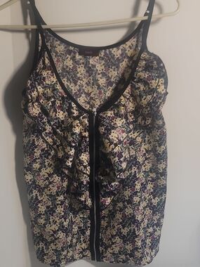 mark. Cream Floral Ruffle Zip-Front Cami with Black Trim